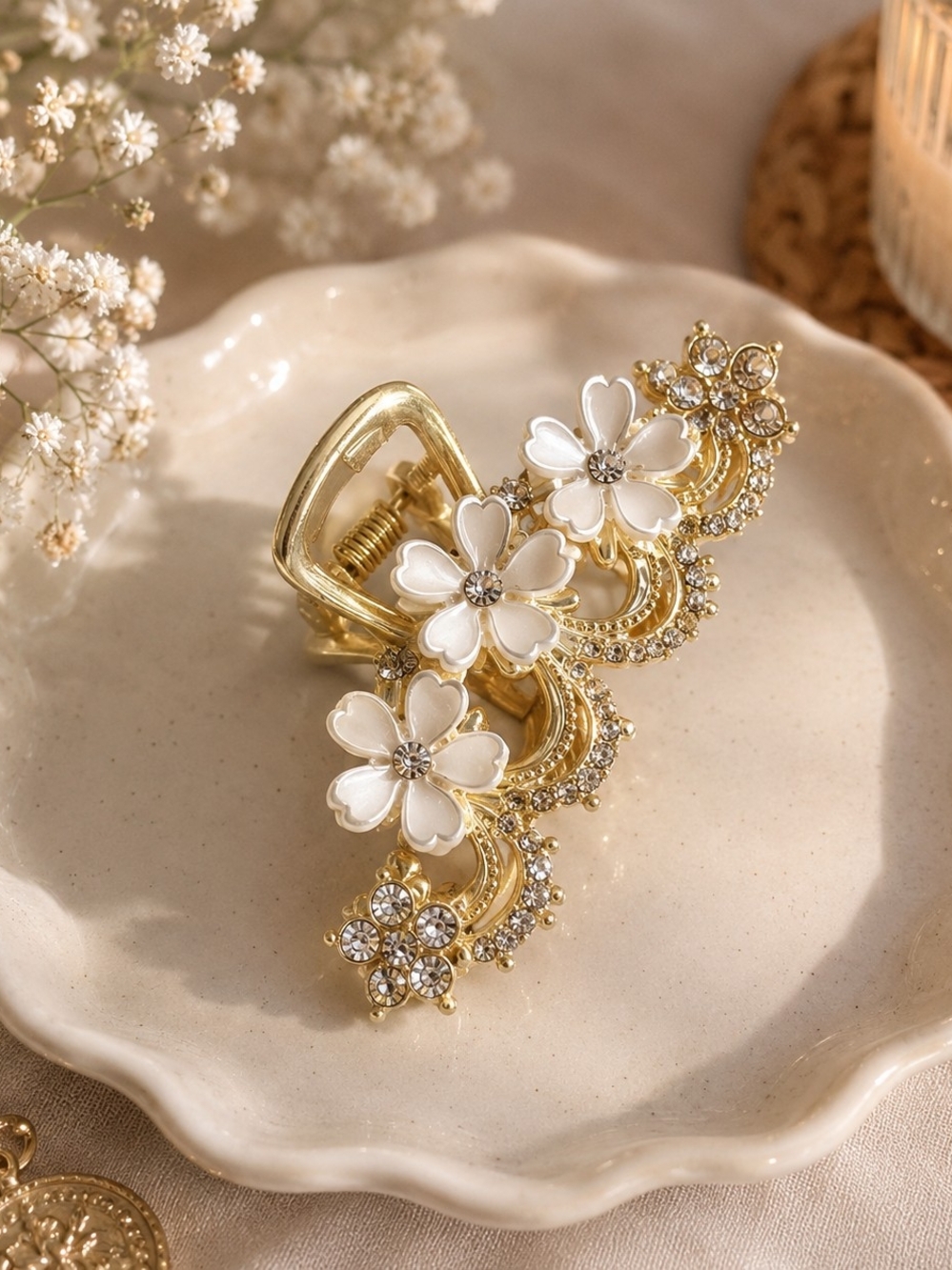 Gold Floral Rhinestone Hair Claw Clip with White Enamel Flowers